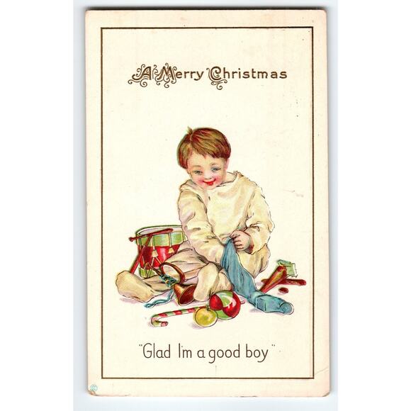 Vintage Christmas Postcard 'Glad I'm a Good Boy' with Child & Toys Stecher - Picture 1 of 2